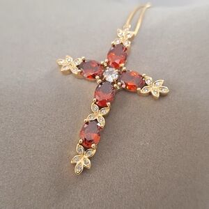 Garnet diamond cut,oval shape Cross Necklace